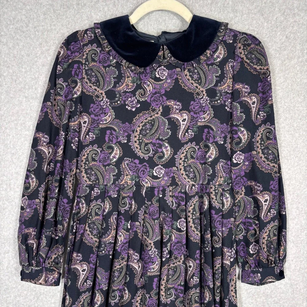 Vintage Laura Ashley Dress Girls 11-12 Babydoll Pleated Velvet Collar Paisley‎